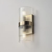 2-Light Matte Brass Wall Sconce with Ribbed Glass Shade