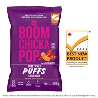 Angie’s BOOMCHICKAPOP® Gluten-Free, Non GMO, Sweet Chili Puffs, 170 g, A gluten free, Non GMO baked corn snack puffed in Canada.