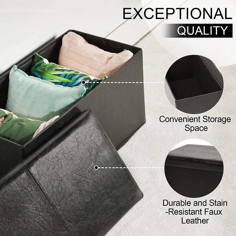 Homy Casa Set of 4 Shoe Storage Ottoman Bench, Foldable Organizer Seat for Entryway, Black Faux Leather