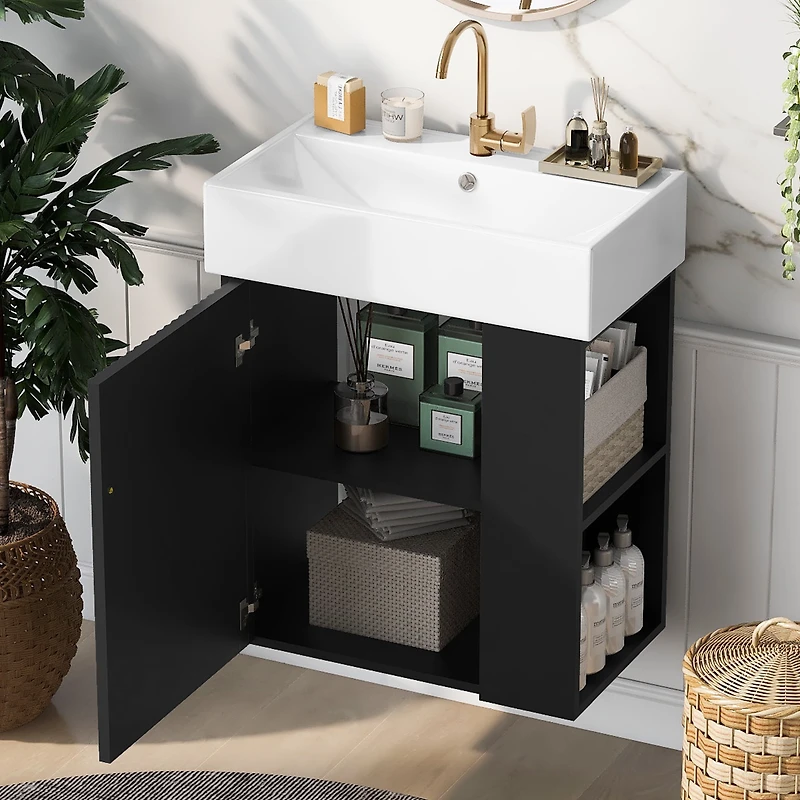 Noble House Meuble-Lavabo Flottant Moderne de 21,6 Pouces avec Bassin en Céramique pour Petites Salles de Bains, Rangement Côté Droit, Noir