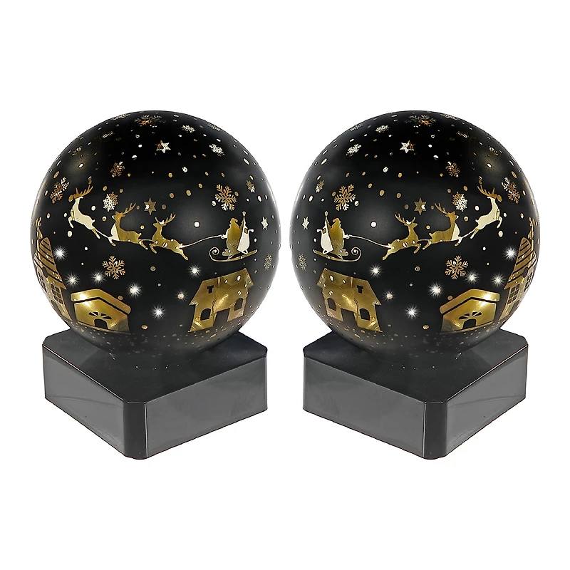 Support Rond En Verre À Led (Père Noël Sur Un Traîneau) (Noir) - Lot De 2