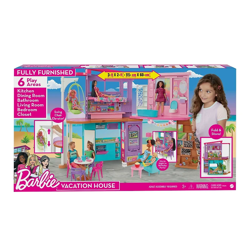 Barbie Vacation House Playset with 30+ Pieces, Toy for 3 Year Olds & Up, Ages 3+