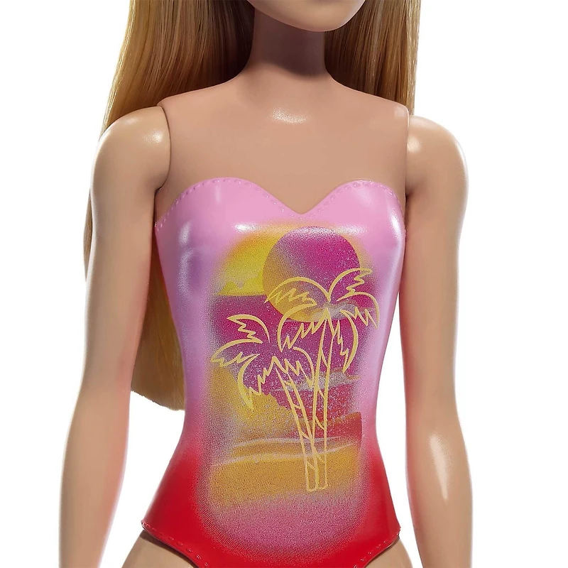 Beach Barbie Doll with Blond Hair Wearing Pink Palm Tree-Print Swimsuit