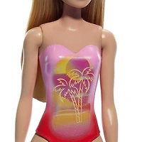 Beach Barbie Doll with Blond Hair Wearing Pink Palm Tree-Print Swimsuit