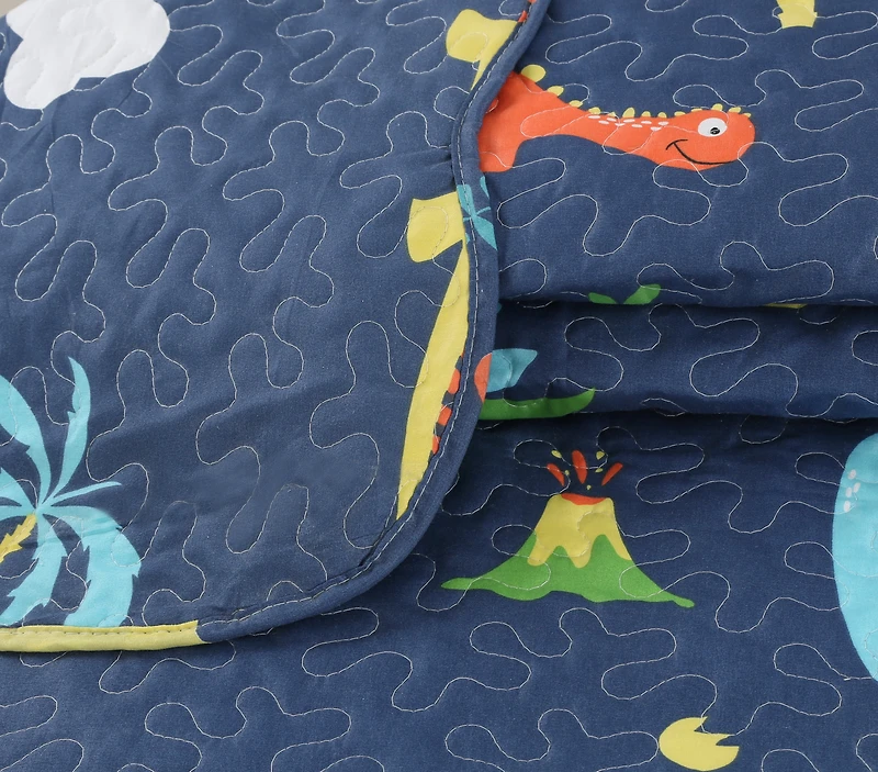 Marina Decoration Rich Printed Stitching Coverlet Bedspread Ultra Soft Summer Bedding Quilt Set with Quilted Sham, Dinosaur Zoo with Navy Blue Pattern