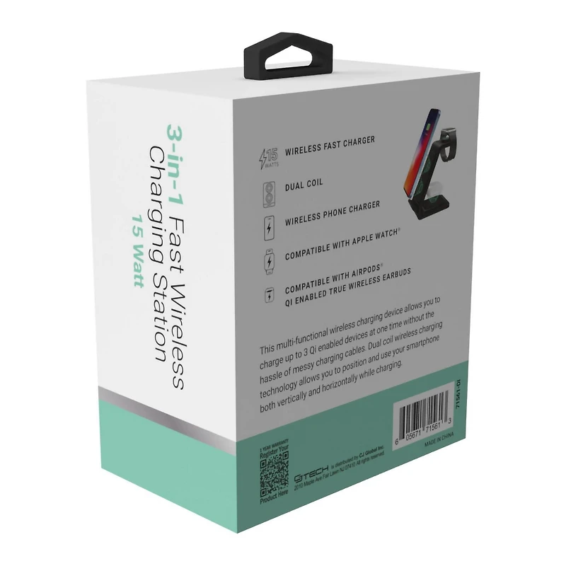 Station de recharge sans fil rapide 3-en-1 Qi 15 watts CJ Tech - Noir