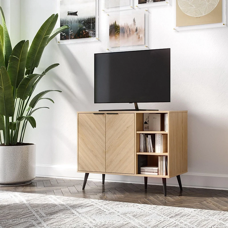 CorLiving Himari Engineered Wood Sideboard with Wood Legs, 2 Doors and 5 Shelves, Light Brown
