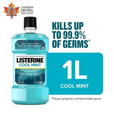 Listerine Cool Mint Antiseptic Mouthwash,  Essential Oils Menthol, Thymol, Eucalpytol - Plaque, Bad Breath, Gingivitis, 1 L