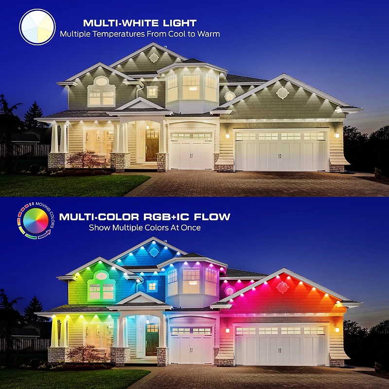 Monster Lumières Extérieures Permanentes Intelligentes, 100 Pieds, 72 LED RGBIC+ Multiblanc, Résistantes à l'Eau, Contrôle par Application et Voix, Parfaites pour les Fêtes et Toute l'Année
