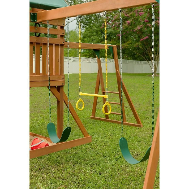 Creative Cedar Designs Mountain View Wooden Playset with Rock Wall, Slide and Swings (Multi-Colour & Green)