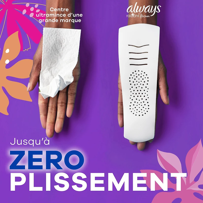 Serviettes Always Radiant avec FlexFoam, taille 2, abondant, avec ailes, parfum frais et léger 26 Unité