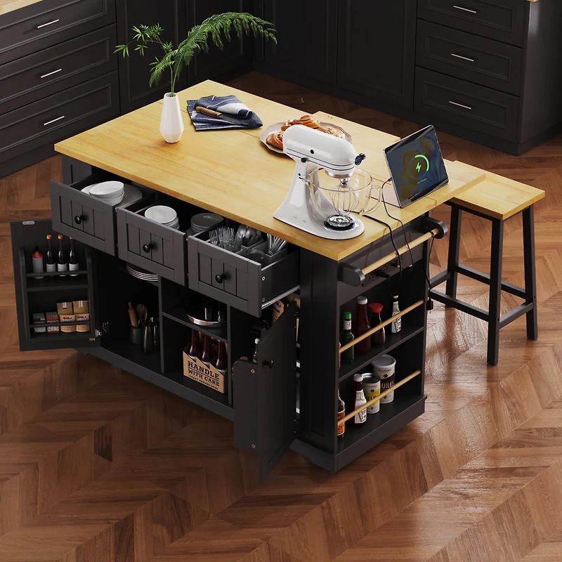 Noble House 53inch Large Kitchen Island with 2 Bar Stools, Power Outlet,Black