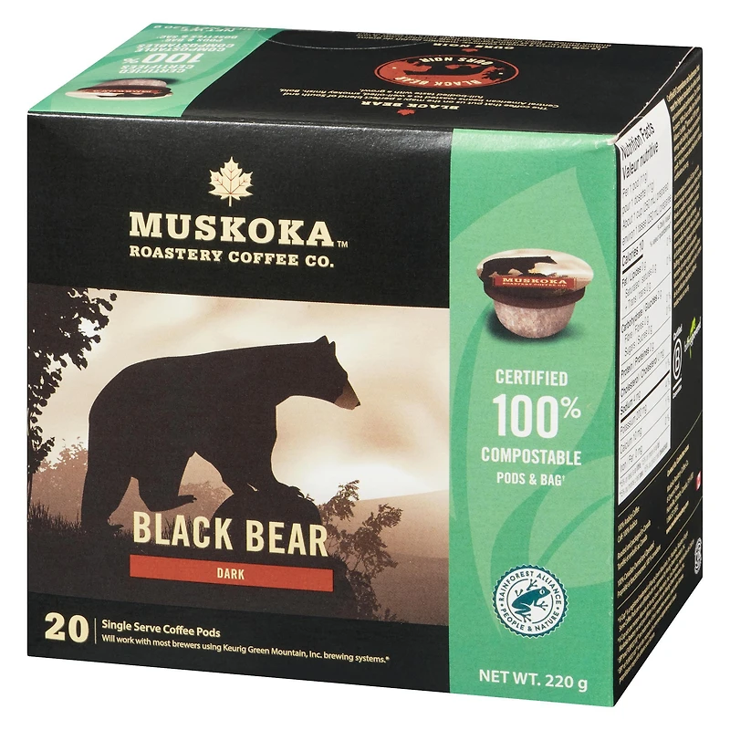 Dosettes de café Ours Noir de Muskoka Roastery Coffee Co. à torréfaction foncée en emballage d'une portion