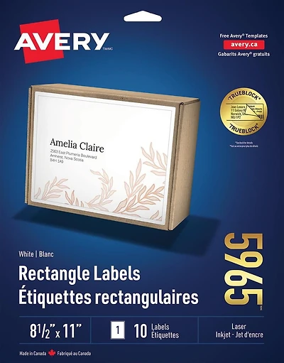 Avery Étiquettes rectangulaires blanches,  Technologie TrueBlock, 11 po x 8 ½ po, pour imprimantes laser et à jet d'encre - 5965
