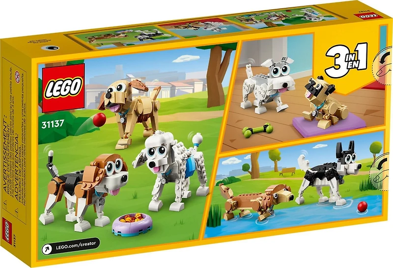LEGO Creator 3-in-1 Adorable Dogs Building Toy Set 31137, Great Gift for Dog Lovers and Kids Ages 7 and Up, Featuring Canine Companions: Dachshund, Beagle, Pug, Poodle, Husky, and Labrador, Includes 475 Pieces, Ages 7+