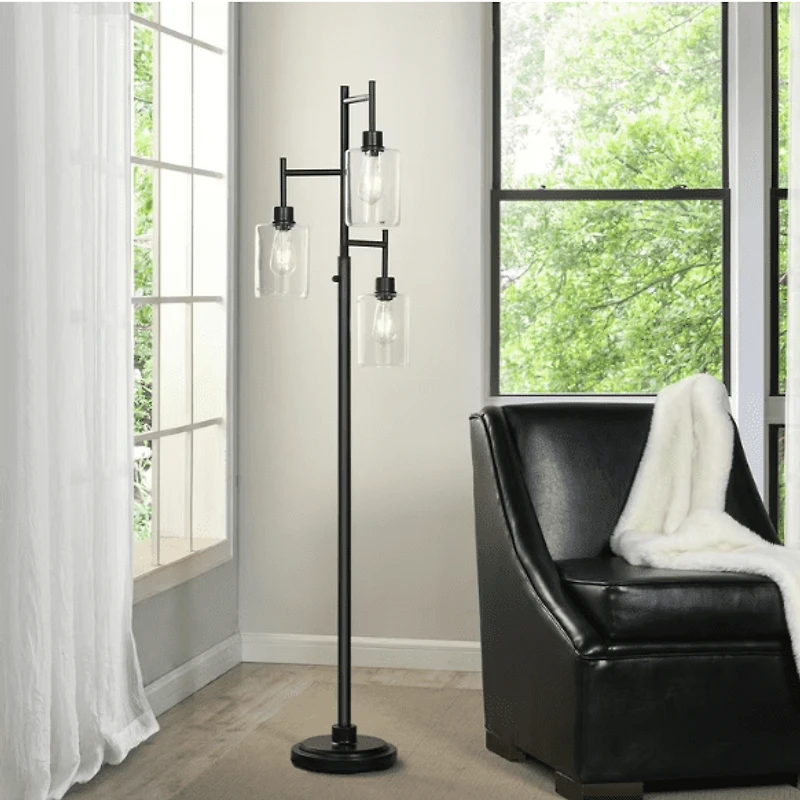 Better Homes & Gardens Lampadaire contemporain noir à 3 lumières et verre transparent – ​​63,5 po