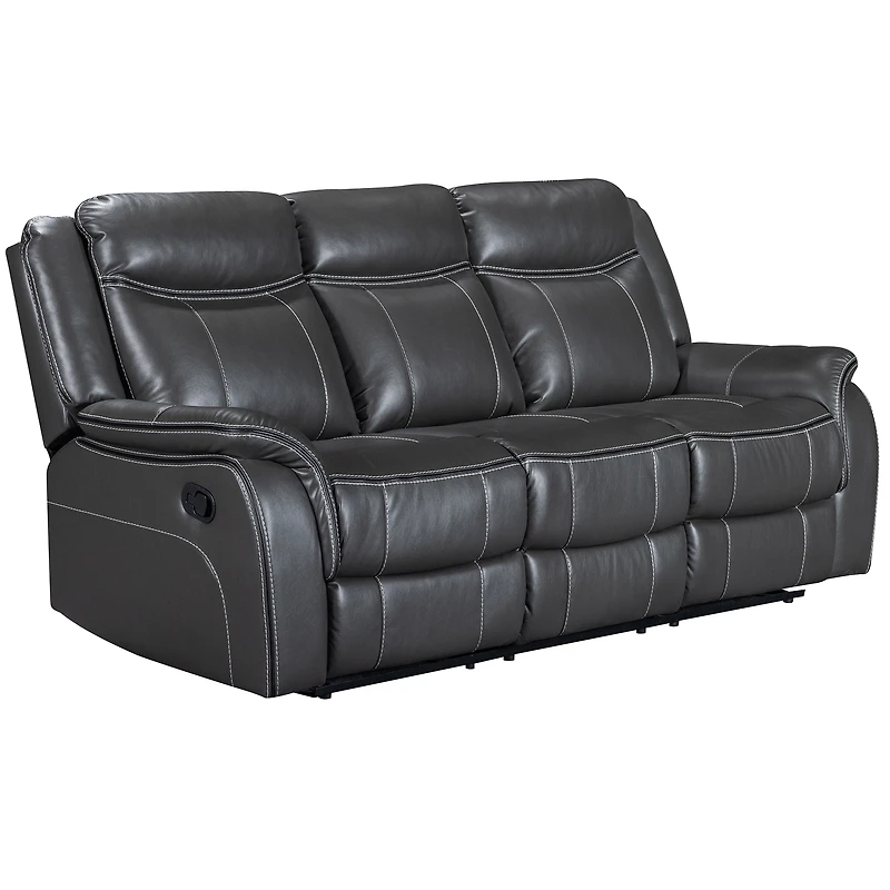 Canapé inclinable Primo Declan 85" gris foncé avec porte-gobelets, sièges manuels, coussins confortables, structure robuste pour salon