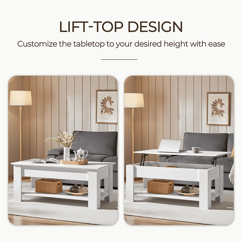 Fullfurnique Lift Top Coffee Table with Large Hidden Compartment and Storage Open Shelf, White