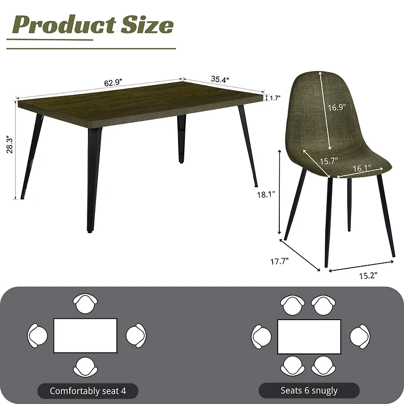 Homy Casa 63 inch Dining Set for 4, Large Faux Walnut Table with Fabric Upholstered Chairs, Green Fabric