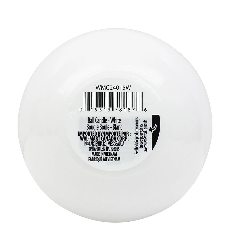 Bougie en forme de boule blanche haute brillance, non parfumée 4"Dia x 4”H