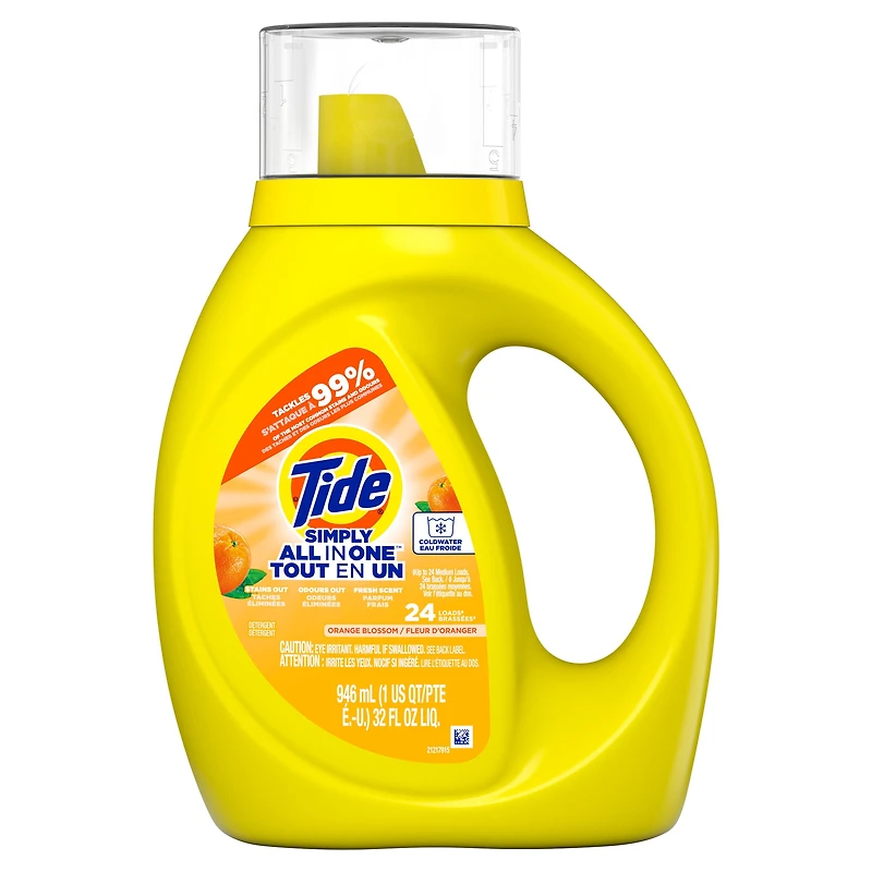 Détergent à lessive liquide Tide Simply Tout-en-un, parfum Fleur d’oranger, 24 brassées