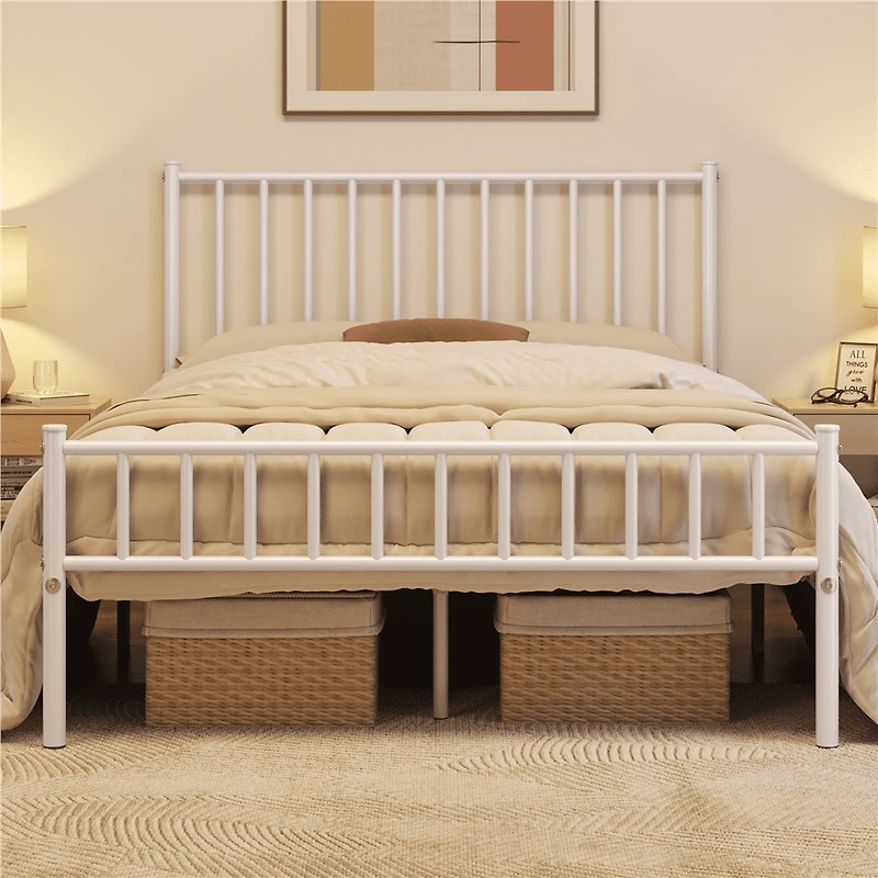 Fullfurnique Minimalist Metal Bed Frame with Vertical Bar Headboard and Footboard, Queen, White