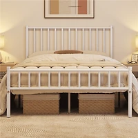 Fullfurnique Minimalist Metal Bed Frame with Vertical Bar Headboard and Footboard, Queen, White