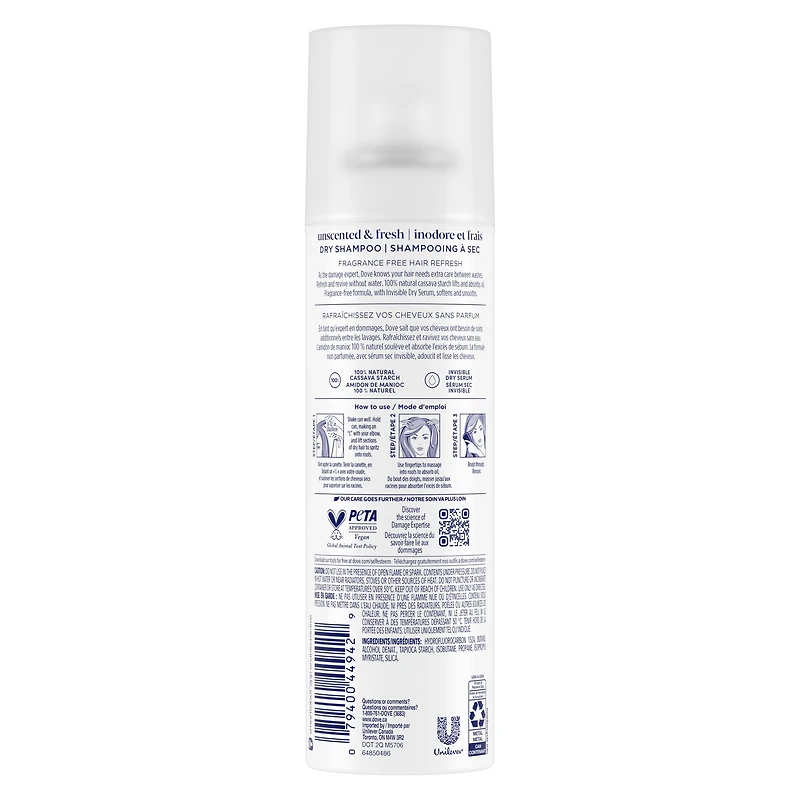 Dove Advanced Dry Shampoo Revive Hair Without Water Unscented & Fresh Refresh for 2 Days of Freshness 142 g, 142 GR Dry Shampoo
