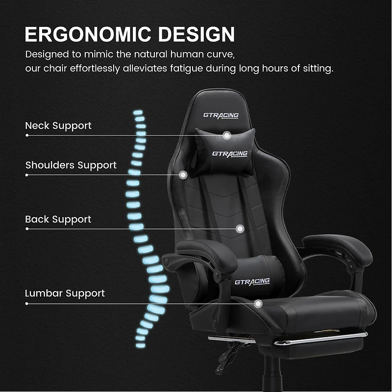 Chaise de jeu ergonomique GTRACING GTWD-200 avec coussins réglables et repose-pieds