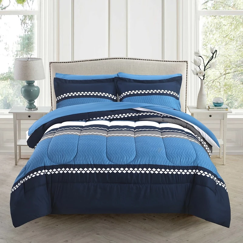 Marina Decoration Ultra Soft Luxury Fluffy Goose Down Alternative Bed in a Bag Bedding Printed Comforter Set Includes Sheet Set, Navy Blue Geometric Stripes Pattern