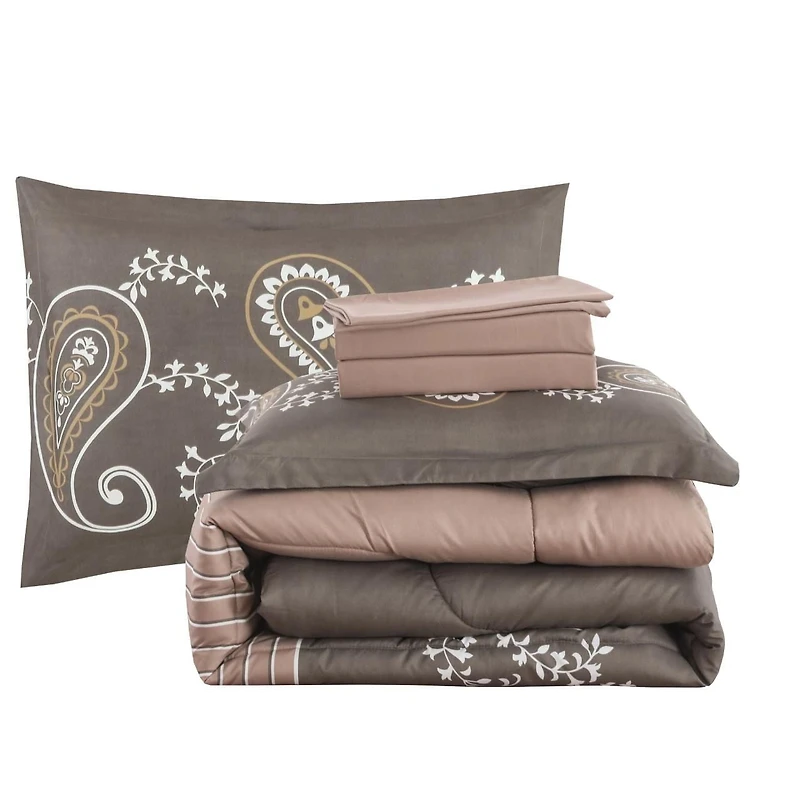 Marina Decoration Ultra Soft Luxury Fluffy Goose Down Alternative Bed in a Bag Bedding Printed Comforter Set Includes Sheet Set, Taupe Floral Paisley Pattern