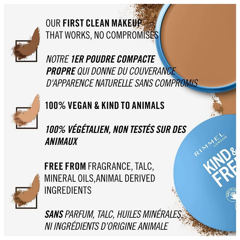 Rimmel Poudre Pressée Kind & Free™ - Fond de teint en poudre léger et sans talc, à l'aloe vera et au tapioca, 100% Végétalien & Sans Cruauté Poudre Pressée Végétalienne