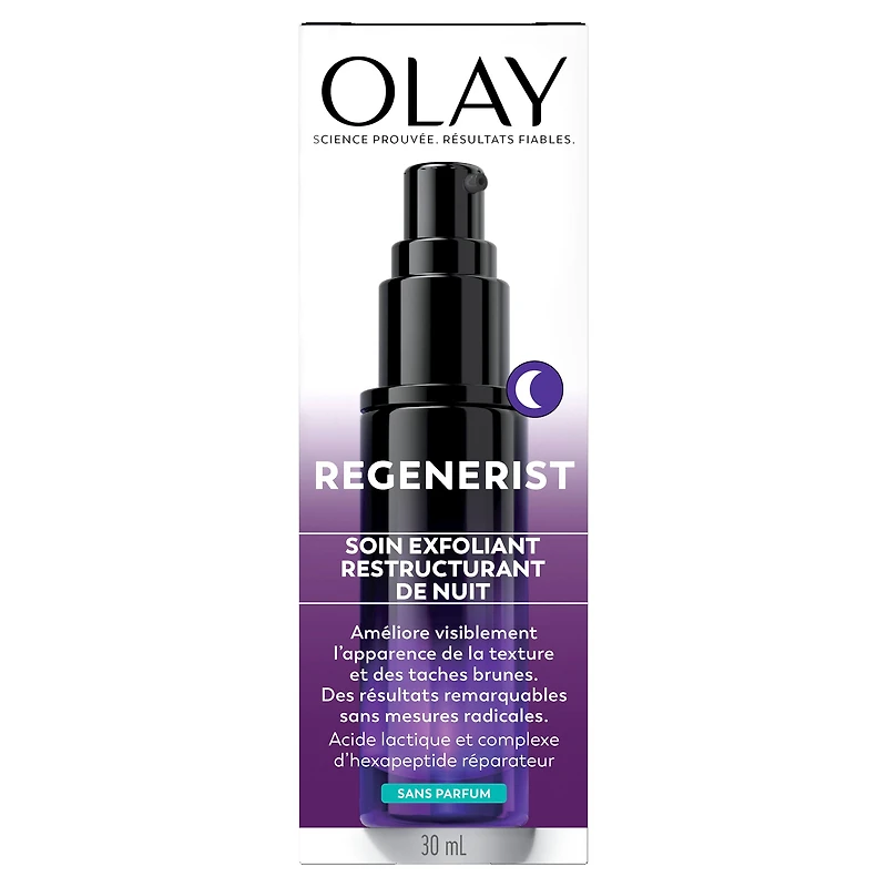 Soin exfoliant de nuit Olay Regenerist avec acide glycolique, soin ravivant et exfoliant, AHA, restructurant, texture lisse, illumine le teint, sérum de nuit léger pour un teint radieux