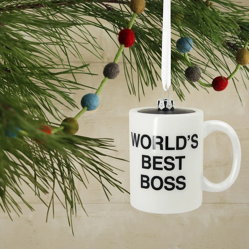 Décoration Hallmark de Noël (Tasse à café « World's Best Boss », The Office, en verre soufflé)