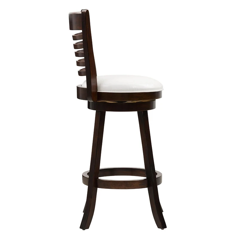 Lot de 2 tabourets de bar pivotants d'intérieur CorLiving Willa marron foncé avec assises en similicuir blanc et dossiers hauts à lattes horizontales