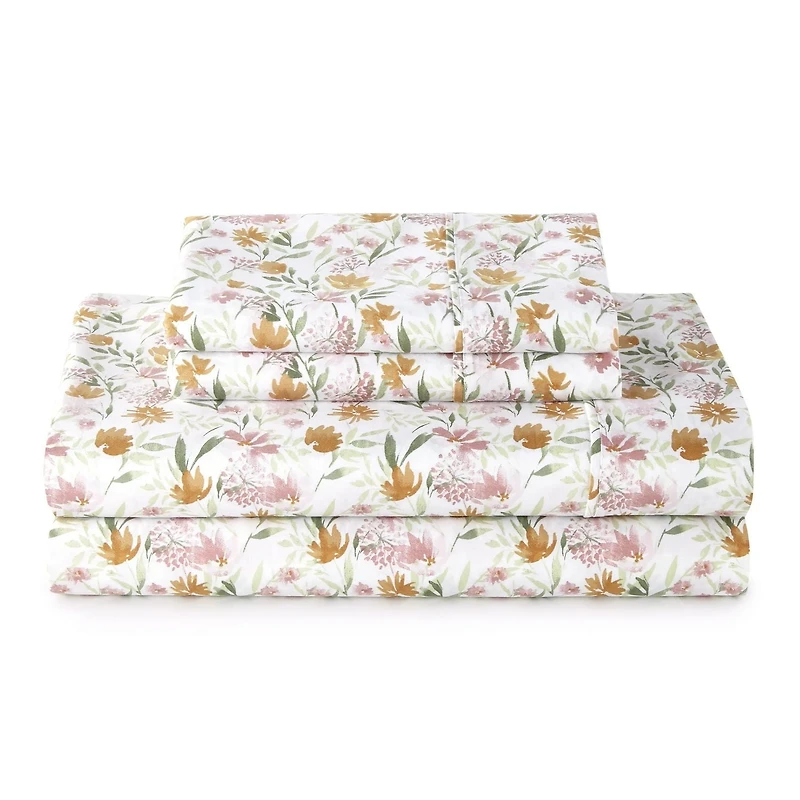 Parure de lit 4 pièces en satin de coton chaud 300 fils Better Homes & Gardens, motif fleurs timides, très grand lit Ensemble de draps en satin de coton 300 fils