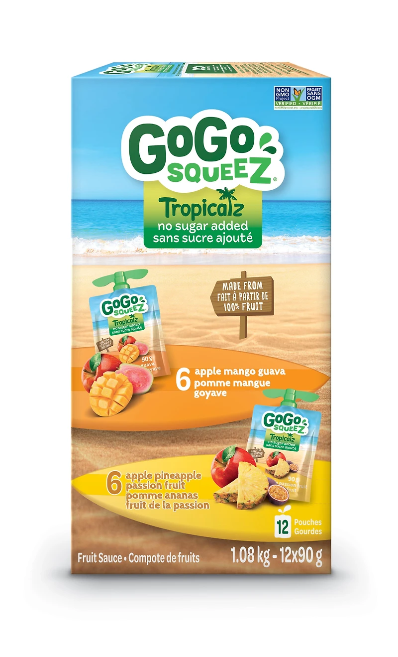 GoGo squeeZ Tropicalz Fruit Sauce Variety Pack, Mango Guava, Pineapple Passion Fruit, No Sugar Added. 90g per pouch, Pack of 12, 1.08kg