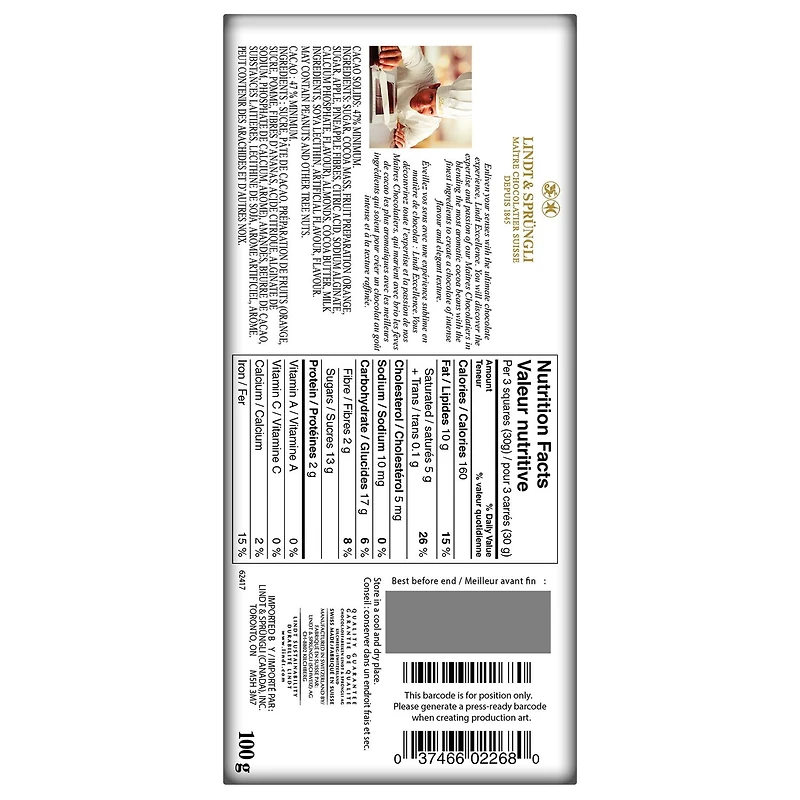 Chocolat noir Lindt EXCELLENCE Orange Intense – Barre (100 g) 100 g