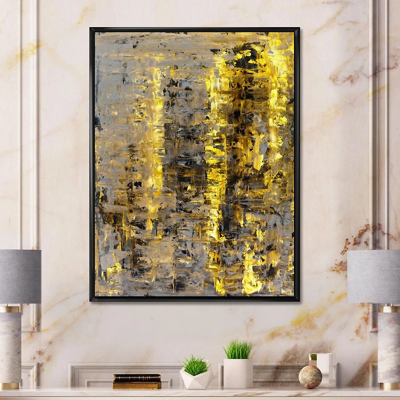 Designart Yellow Meets Grey Abstract Art II FLOAT FRAME WALL ART