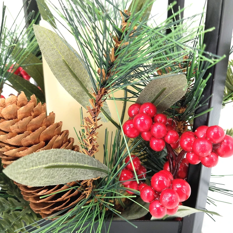 Holiday Time Metal Black Lantern with Greenary & Red Berries