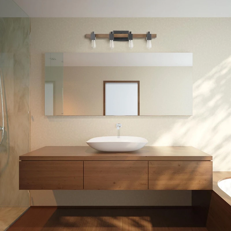 Applique murale en métal à 4 ampoules Phoenix par Globe Electric, noir mat, faux bois foncé, 51717