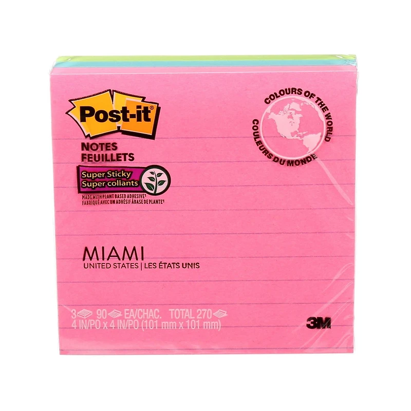 Feuillets super collants Post-it(MD) WM675-3SSMIA-C, Miami Feuillets SC Post-it®, Miami