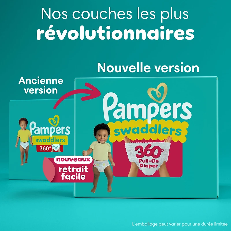 Pampers Couches - Swaddlers 360° - Taille 7, jusqu'à 100 % Anti-Fuites, Ajustement Confortable et Sec, Onglets EZ Off Conçus pour des Changements Faciles, Couche à Enfiler