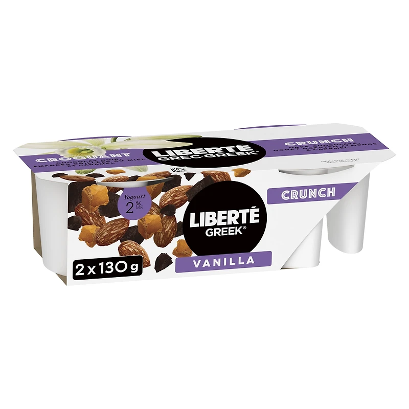 Liberté Grec Yogourt 2 % Croquant, Gousse de vanille, coupes avec chocolat noir, amandes salées et garnitures au caramel, 130 g, 2 u.