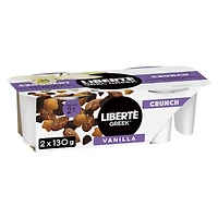 Liberté Grec Yogourt 2 % Croquant, Gousse de vanille, coupes avec chocolat noir, amandes salées et garnitures au caramel, 130 g, 2 u.