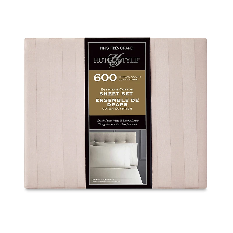 Hotel Style 4-Piece 600 Thread Count Beige Stripe Egyptian Cotton Adult Bed Sheet Set, King-Deep Pocket