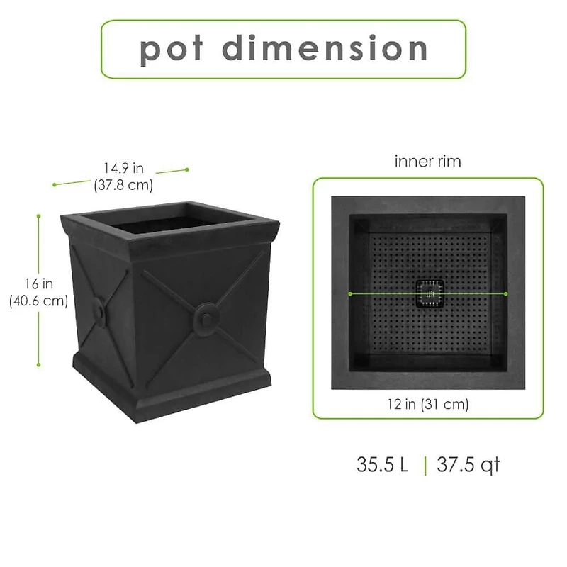 Tierra Verde 15" W x 16" H Allegro Monarch Square Self-Watering Planter - Black, Indoor/Outdoor