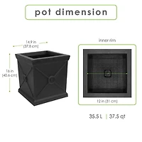 Tierra Verde 15" W x 16" H Allegro Monarch Square Self-Watering Planter - Black, Indoor/Outdoor