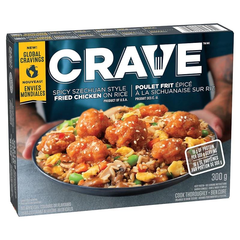 CRAVE Spicy Szechuan Style Fried Chicken on Rice Frozen Meal, 300 G Box, CRAVE Spicy Szechuan Style Fried Chicken on Rice Frozen Meal, 300 g Box