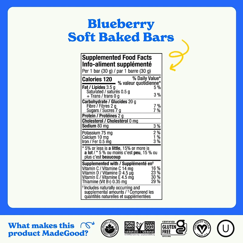 MadeGood Mornings Blueberry Soft Baked Oat Bars 5pk, 5 x 30 g
